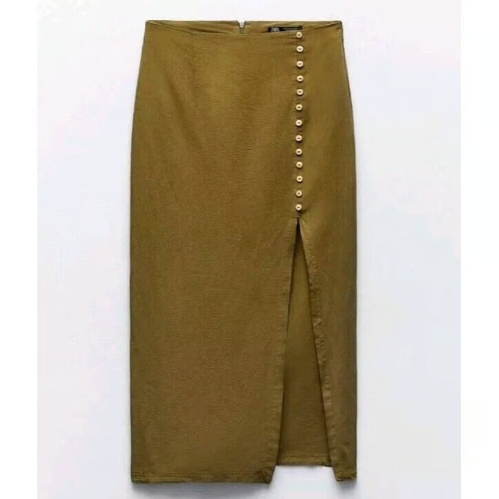 Zara Khaki Green Button-Front Side Slit Maxi Skirt S - Picture 2 of 5